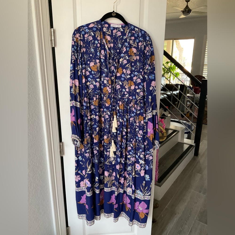 Long Sleeve Floral Print Retro V Neck Tassel Bohemian Midi Dress. Sz XL